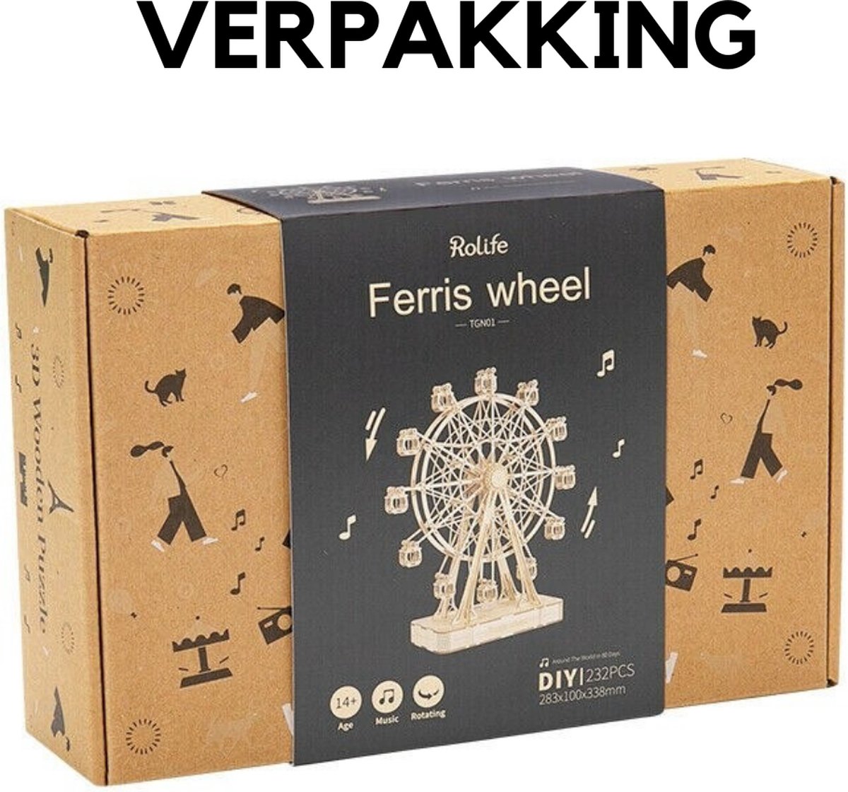 Amerce Houten 3D Puzzel -  Reuzenrad – Draaibaar - Muziekdoos – Bruin