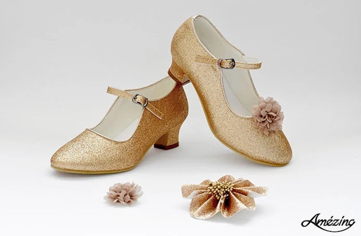 Prinsessenschoen-bruidskleding-pumps-glitter schoen-hakschoen-spaanse schoen-gesp schoen-goud (mt 34)
