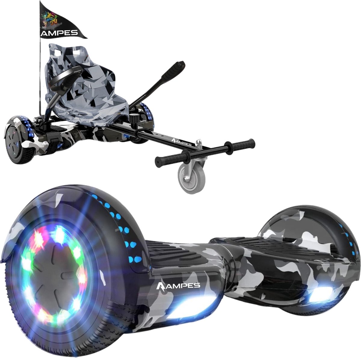 Ampes Hoverboard - Bluetooth Speaker - 24V 4.0 Ah Accu - Oxboard - 12 km/h - UL2272 Gecertificeerd - LED Verlichting - Anti lek banden - Belastbaar tot 120KG - 6.5 Inch - Inclusief Draagtas - 700W - Camouflage + Hoverkart Camouflage