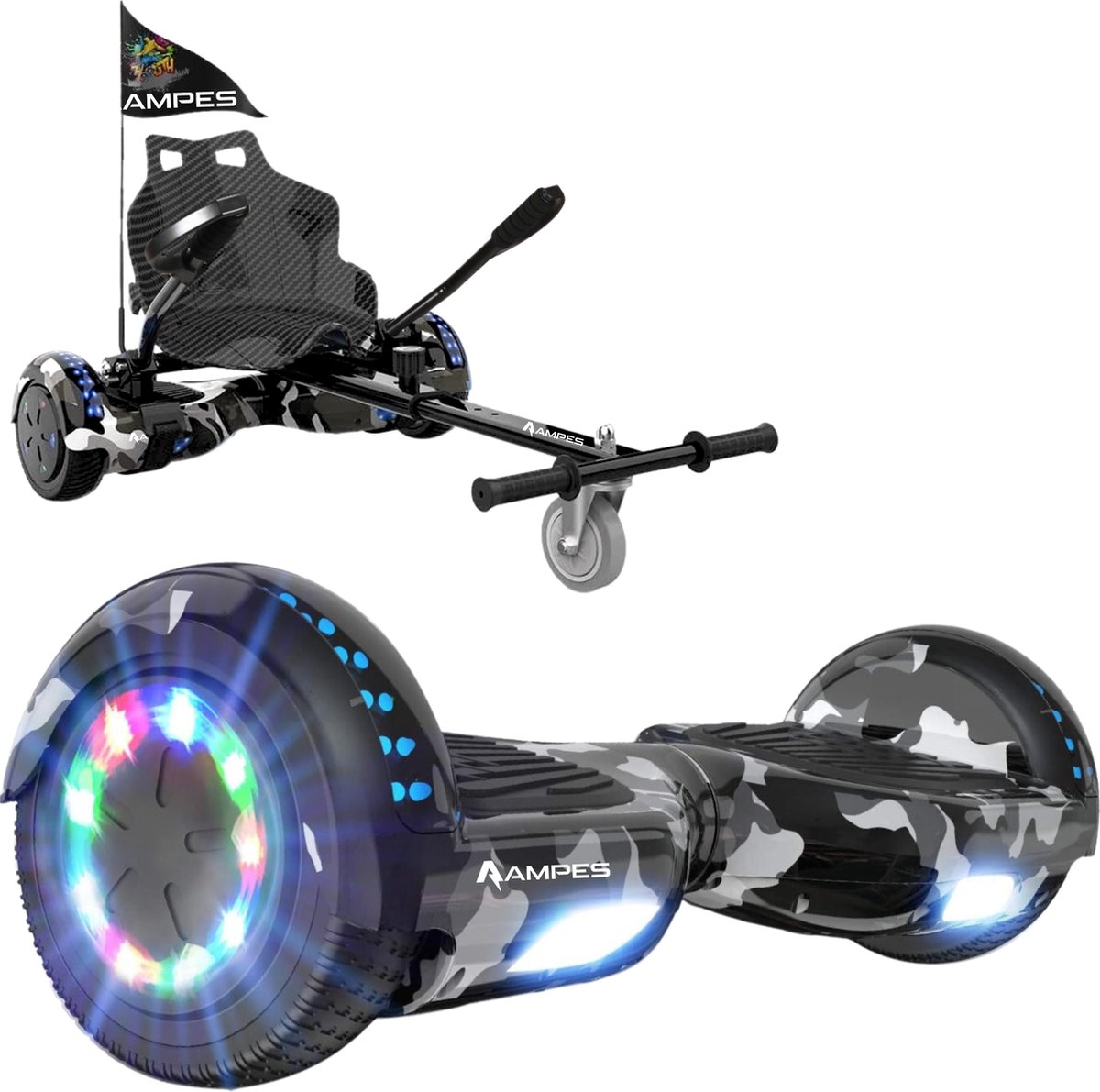 Ampes Hoverboard - Bluetooth Speaker - 24V 4.0 Ah Accu - Oxboard - 12 km/h - UL2272 Gecertificeerd - LED Verlichting - Anti lek banden - Belastbaar tot 120KG - 6.5 Inch - Inclusief Draagtas - 700W - Camouflage + Hoverkart carbon
