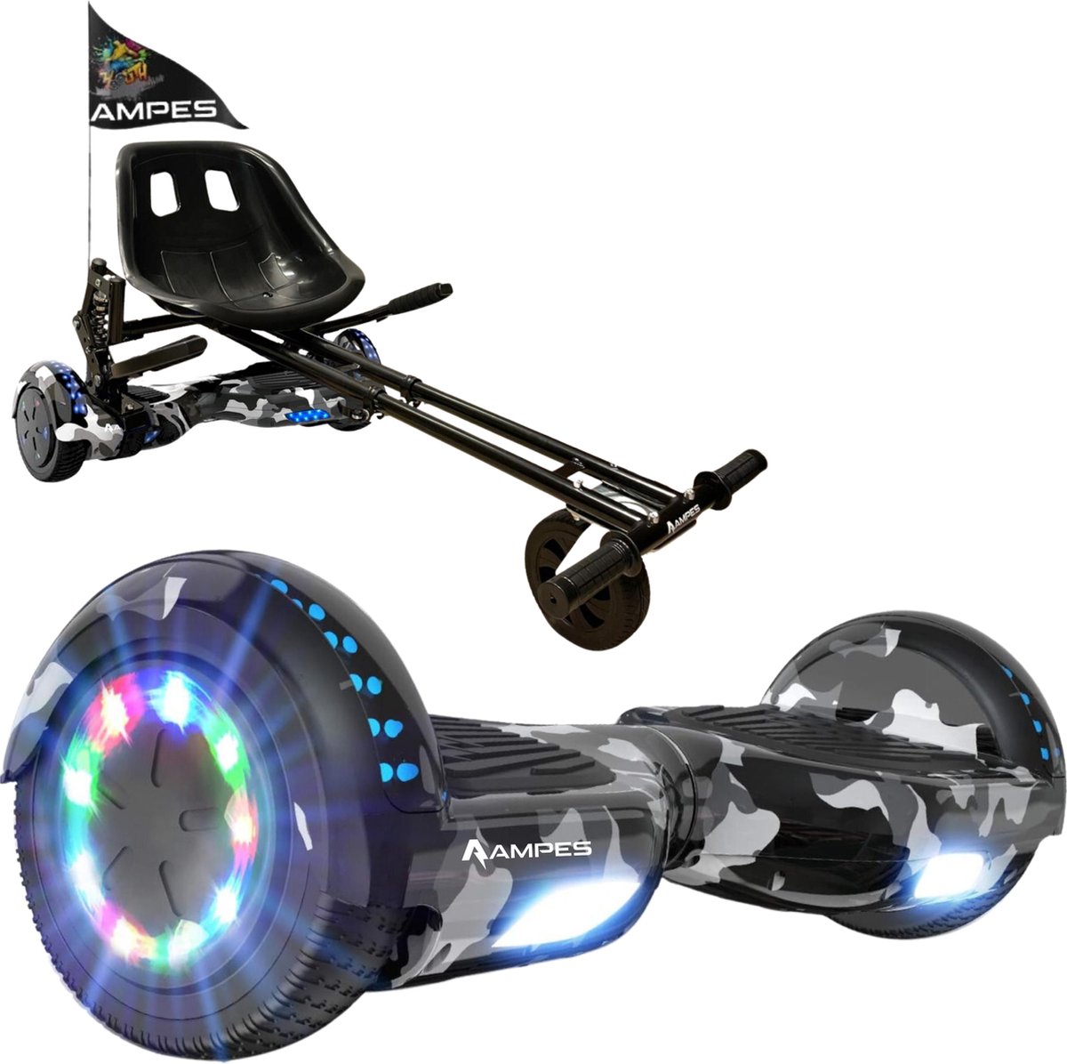 Ampes Hoverboard - Bluetooth Speaker - 24V 4.0 Ah Accu - Oxboard - 12 km/h - UL2272 Gecertificeerd - LED Verlichting - Anti lek banden - Belastbaar tot 120KG - 6.5 Inch - Inclusief Draagtas - 700W - Camouflage + Hoverkart met vering