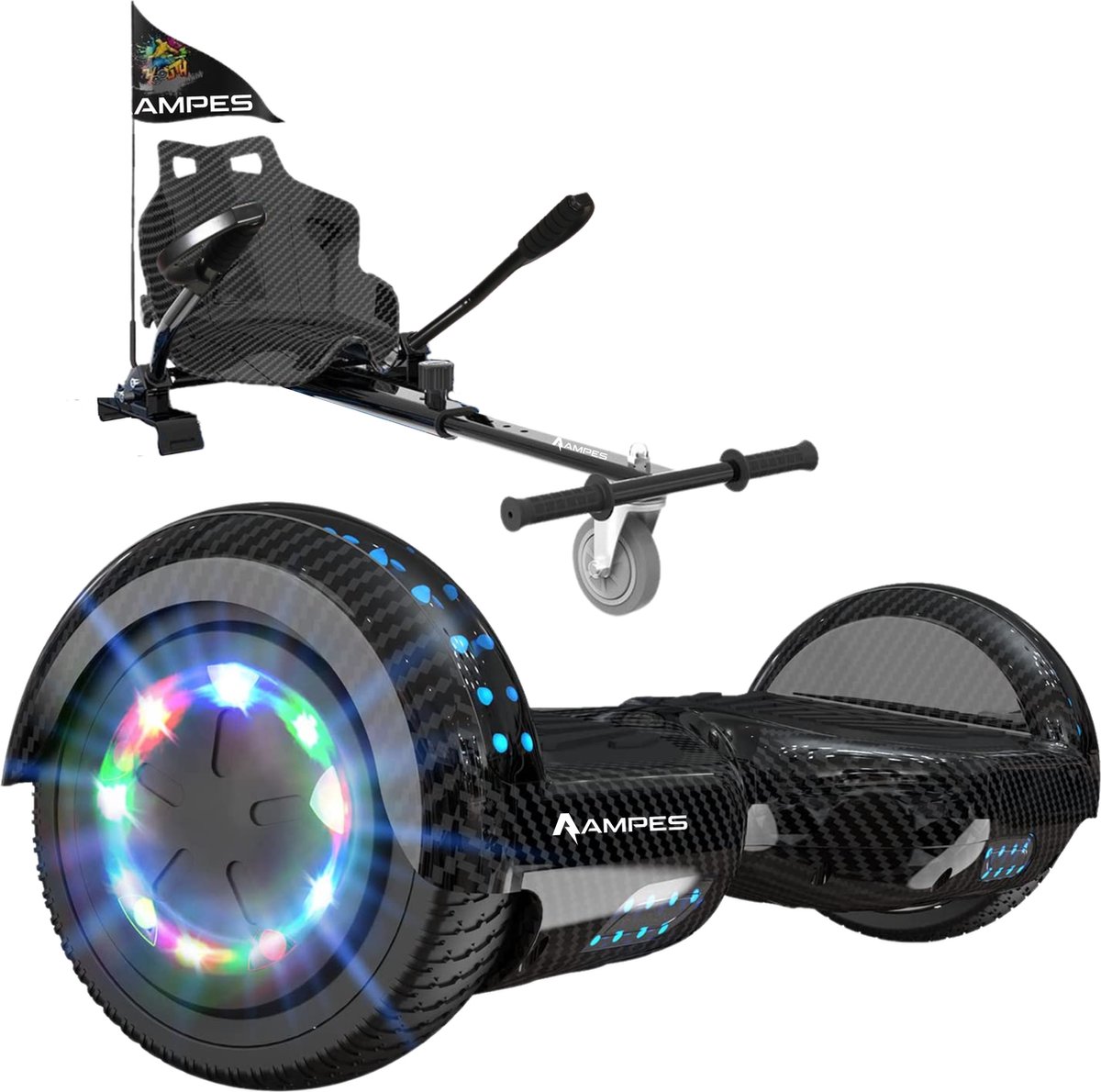 Ampes Hoverboard - Bluetooth Speaker - 24V 4.0 Ah Accu - Oxboard - 12 km/h - UL2272 Gecertificeerd - LED Verlichting - Anti lek banden - Belastbaar tot 120KG - 6.5 Inch - Inclusief Draagtas - 700W - Carbon + Hoverkart carbon