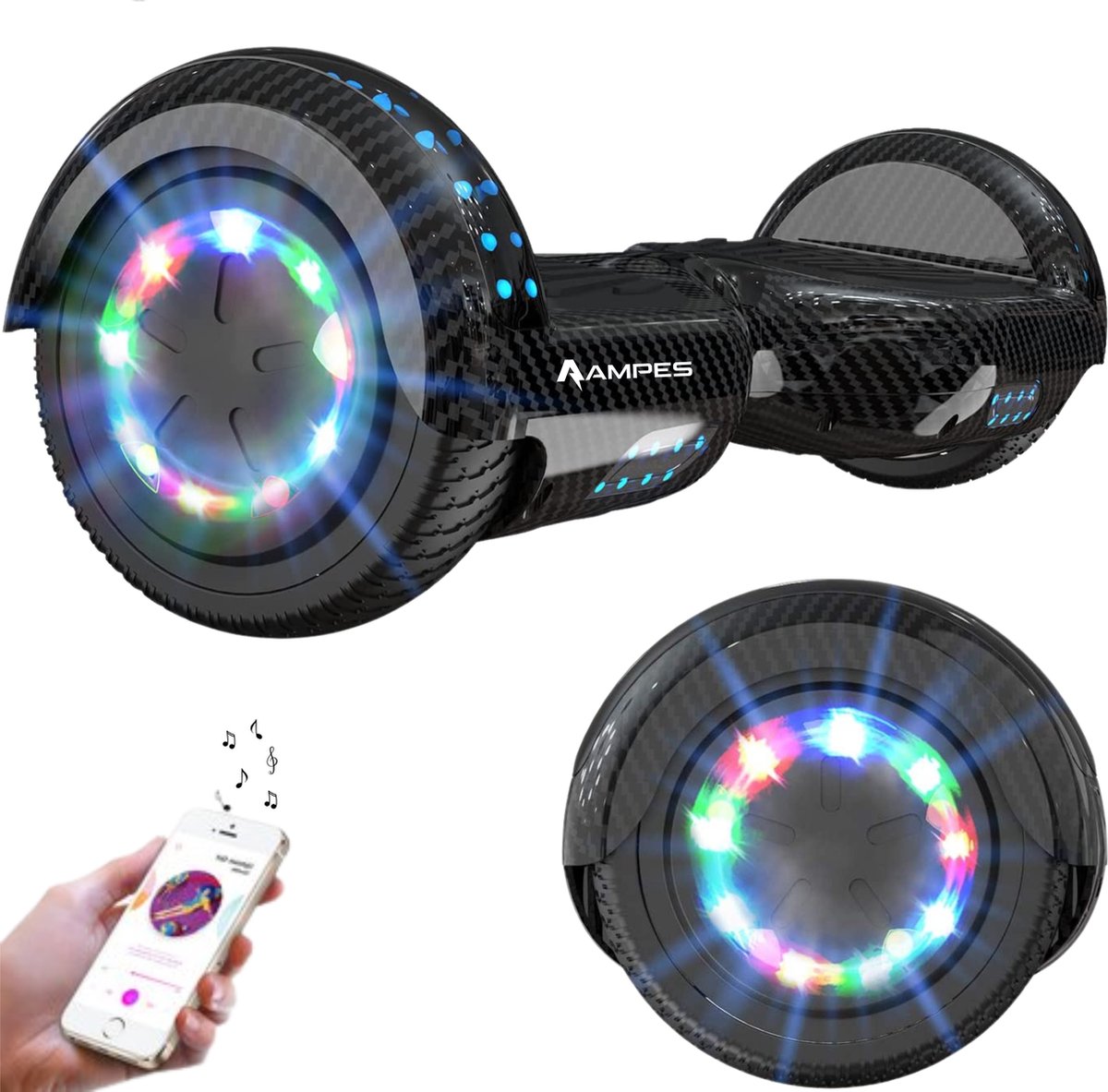 Ampes Hoverboard - Bluetooth Speaker - 24V 4.0 Ah Accu - Oxboard - 12 km/h - UL2272 Gecertificeerd - LED Verlichting - Anti lek banden - Belastbaar tot 120KG - 6.5 Inch - Inclusief Draagtas - 700W - Carbon