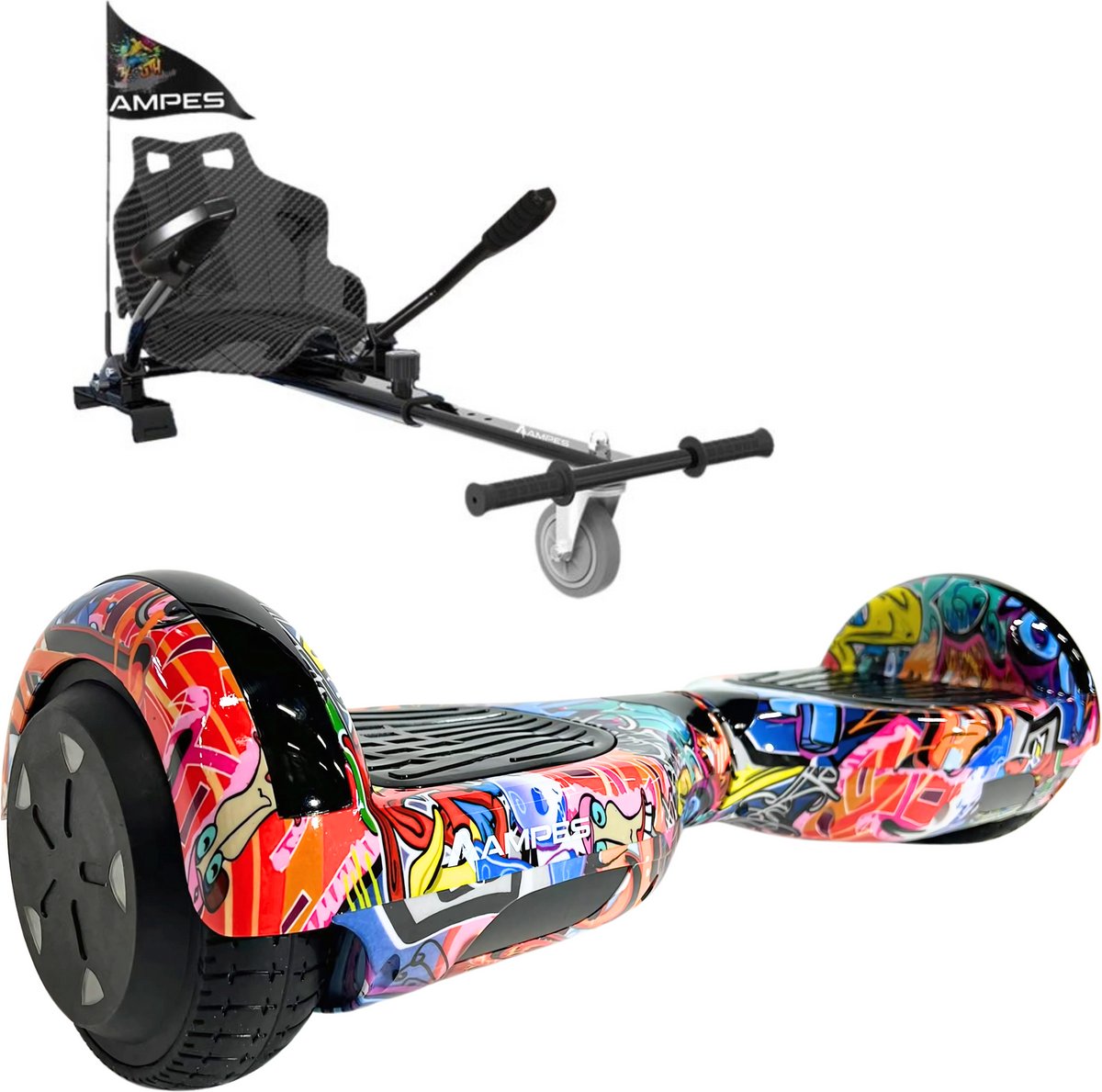Ampes Hoverboard - Bluetooth Speaker - 24V 4.0 Ah Accu - Oxboard - 12 km/h - UL2272 Gecertificeerd - LED Verlichting - Anti lek banden - Belastbaar tot 120KG - 6.5 Inch - Inclusief Draagtas - 700W - Graffiti + Hoverkart Carbon