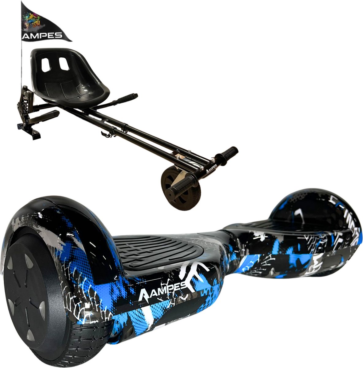 Ampes Hoverboard - Bluetooth Speaker - 24V 4.0 Ah Accu - Oxboard - 12 km/h - UL2272 Gecertificeerd - LED Verlichting - Anti lek banden - Belastbaar tot 120KG - 6.5 Inch - Inclusief Draagtas - 700W - Graffiti Blue + Hoverkart met vering