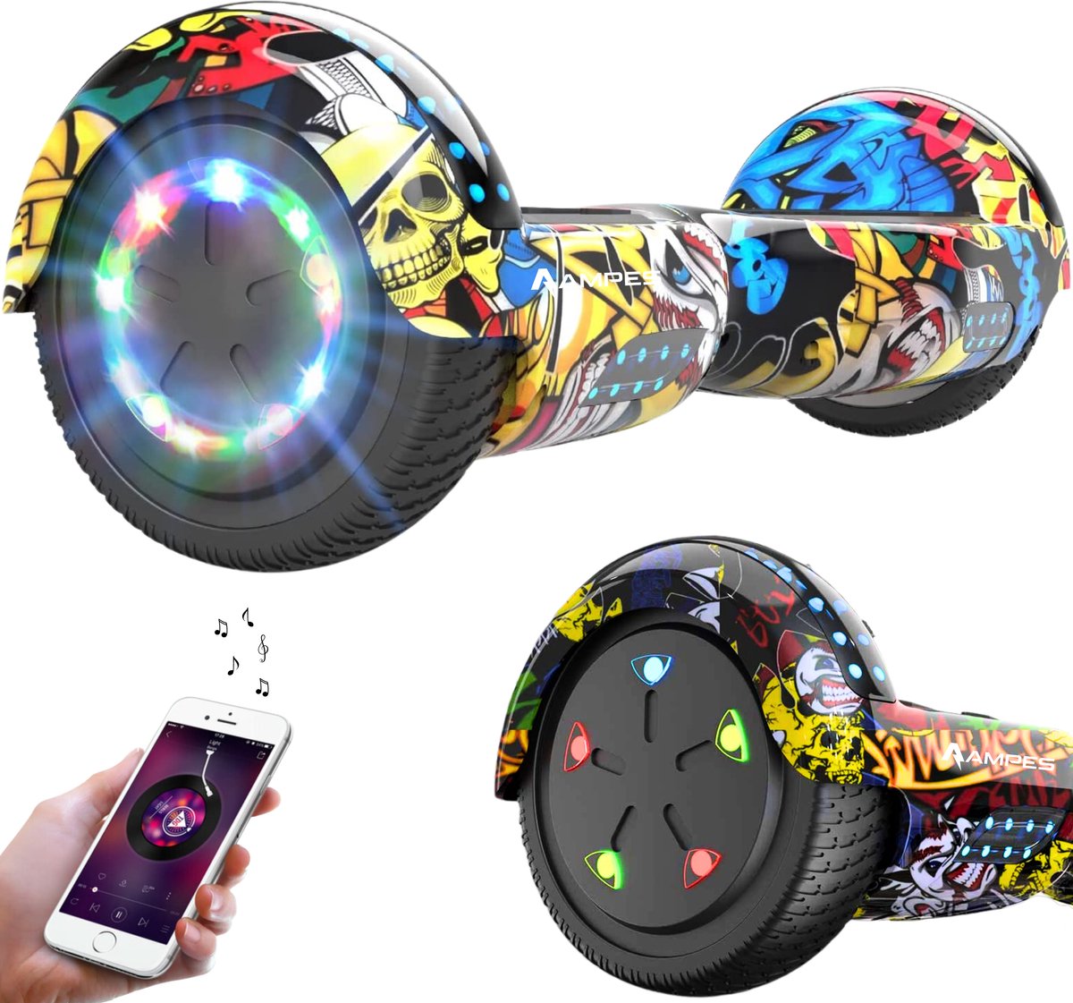 Ampes Hoverboard - Bluetooth Speaker - 24V 4.0 Ah Accu - Oxboard - 12 km/h - UL2272 Gecertificeerd - LED Verlichting - Anti lek banden - Belastbaar tot 120KG - 6.5 Inch - Inclusief Draagtas - 700W - Hiphop