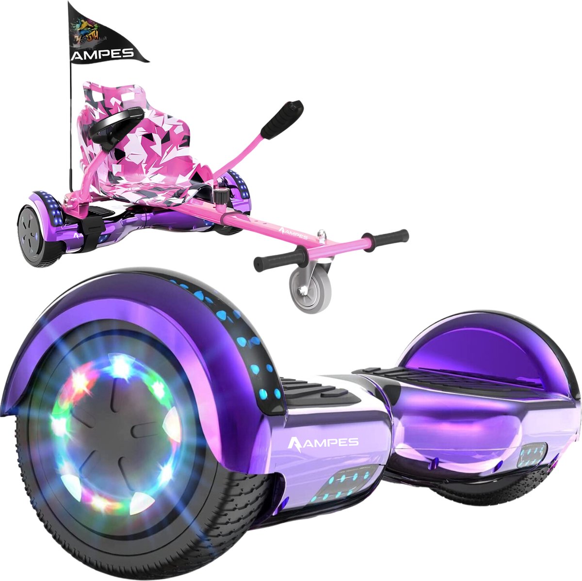 Ampes Hoverboard - Bluetooth Speaker - 24V 4.0 Ah Accu - Oxboard - 12 km/h - UL2272 Gecertificeerd - LED Verlichting - Anti lek banden - Belastbaar tot 120KG - 6.5 Inch - Inclusief Draagtas - 700W - Paars + Hoverkart Camouflage Roze