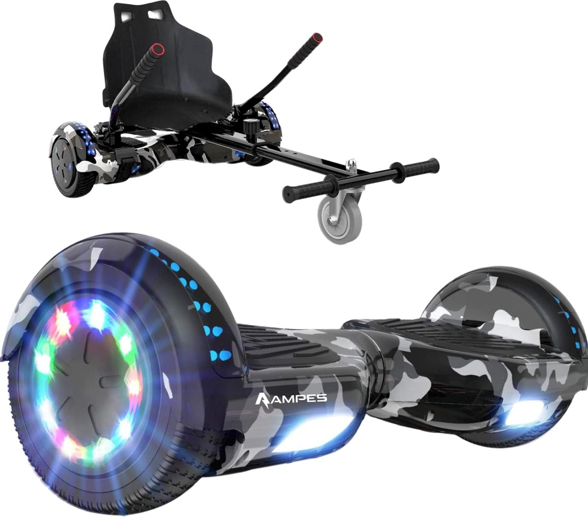 Ampes Hoverboard - Bluetooth Speaker - 24V 4.0 Ah Accu - Oxboard - 12 km/h - UL2272 Gecertificeerd - LED Verlichting - Anti lek banden - Belastbaar tot 120KG - 6.5 Inch - Inclusief Draagtas - 700W Wielen - Camouflage + Hoverkart