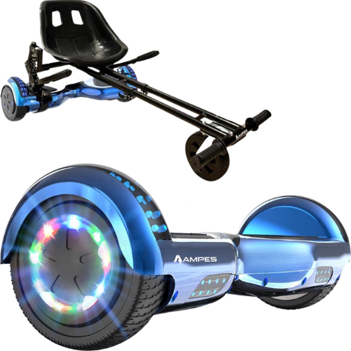 Ampes Hoverboard - Bluetooth Speaker - 24V 4.0 Ah Accu - Oxboard - 12 km/h - UL2272 Gecertificeerd - LED Verlichting - Anti lek banden - Belastbaar tot 120KG - 6.5 Inch - Inclusief Draagtas - 700W Wielen - Chroom Blauw + Hoverkart Vering