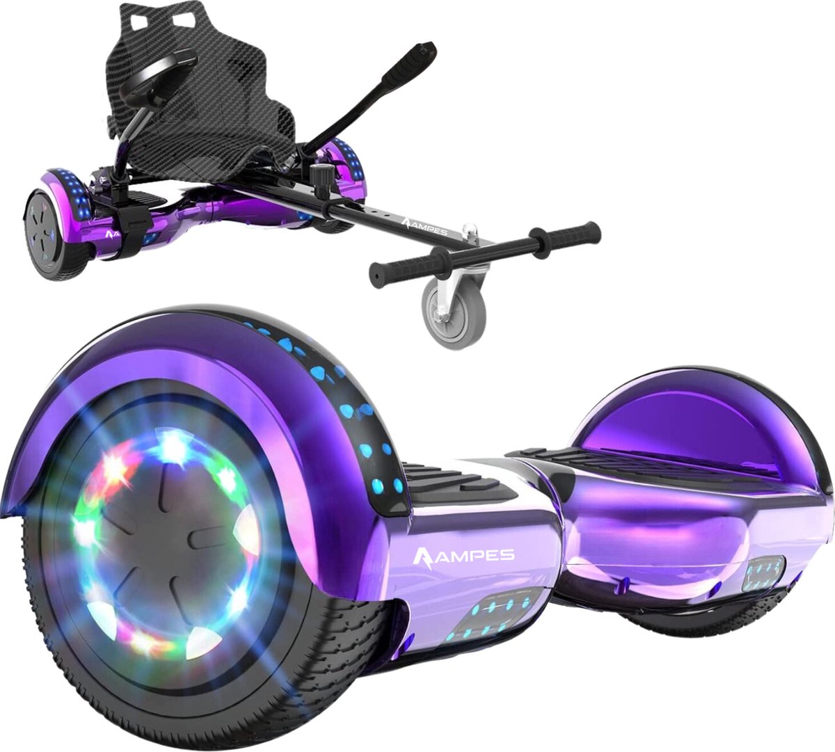 Ampes Hoverboard - Bluetooth Speaker - 24V 4.0 Ah Accu - Oxboard - 12 km/h - UL2272 Gecertificeerd - LED Verlichting - Anti lek banden - Belastbaar tot 120KG - 6.5 Inch - Inclusief Draagtas - 700W Wielen - Chroom Paars + Hoverkart