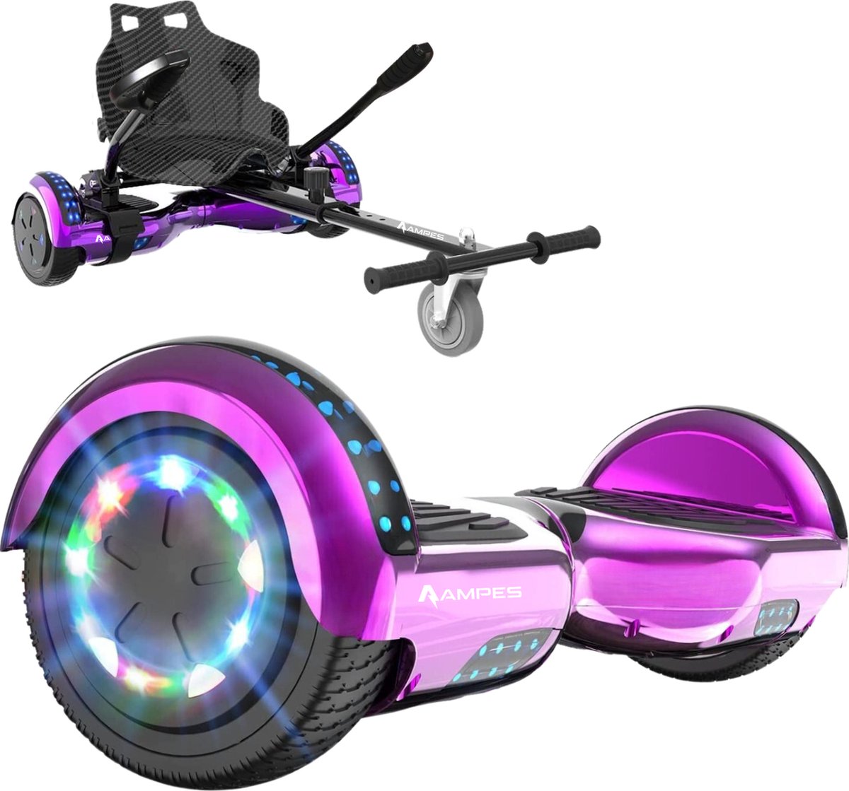 Ampes Hoverboard - Bluetooth Speaker - 24V 4.0 Ah Accu - Oxboard - 12 km/h - UL2272 Gecertificeerd - LED Verlichting - Anti lek banden - Belastbaar tot 120KG - 6.5 Inch - Inclusief Draagtas - 700W Wielen - Chroom Roze + Hoverkart