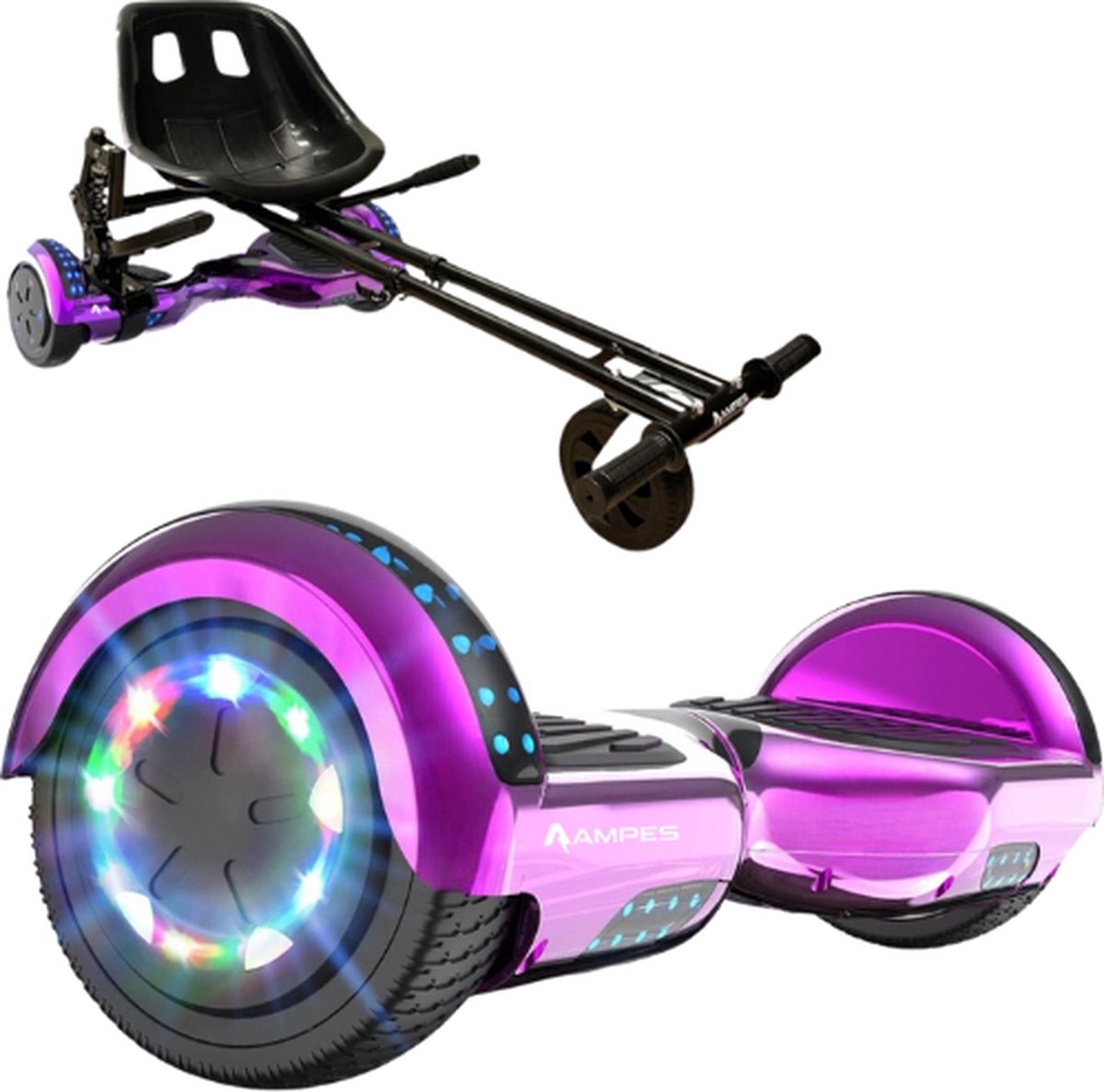 Ampes Hoverboard - Bluetooth Speaker - 24V 4.0 Ah Accu - Oxboard - 12 km/h - UL2272 Gecertificeerd - LED Verlichting - Anti lek banden - Belastbaar tot 120KG - 6.5 Inch - Inclusief Draagtas - 700W Wielen - Chroom Roze + Hoverkart Vering