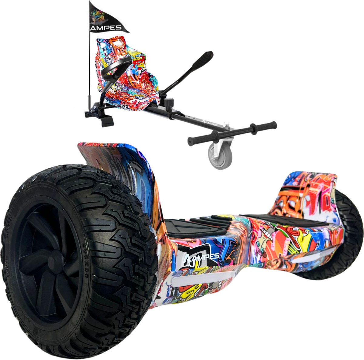Ampes Hoverboard - Off Road Hoverboard - Bluetooth Speaker - 36V 4.0 Ah Accu - Oxboard - 15 km/h - UL2272 Gecertificeerd - LED Verlichting - Anti lek banden - Belastbaar tot 120KG - 8.5 Inch - Inclusief Draagtas - 800W - Graffiti + Hoverkart Graffiti