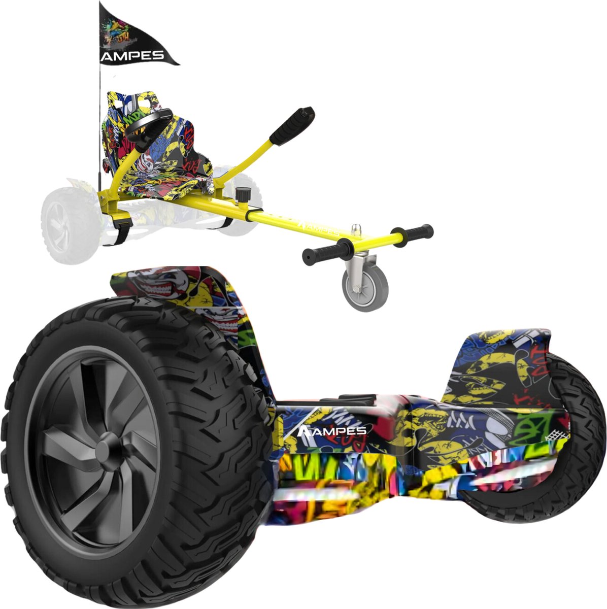 Ampes Hoverboard - Off Road Hoverboard - Bluetooth Speaker - 36V 4.0 Ah Accu - Oxboard - 15 km/h - UL2272 Gecertificeerd - LED Verlichting - Anti lek banden - Belastbaar tot 120KG - 8.5 Inch - Inclusief Draagtas - 800W - Hiphop + Hoverkart hiphop