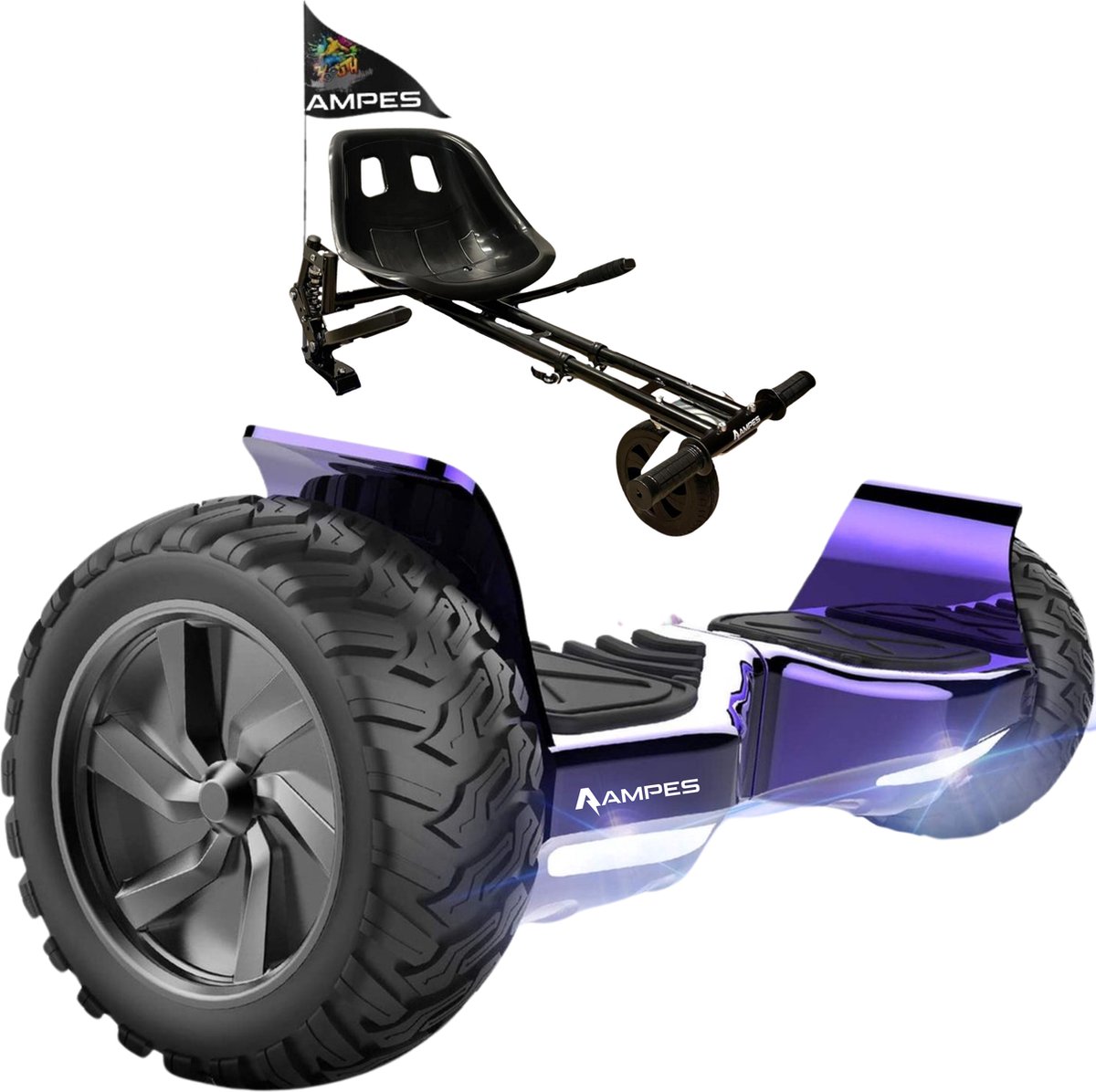 Ampes Hoverboard - Off Road Hoverboard - Bluetooth Speaker - 36V 4.0 Ah Accu - Oxboard - 15 km/h - UL2272 Gecertificeerd - LED Verlichting - Anti lek banden - Belastbaar tot 120KG - 8.5 Inch - Inclusief Draagtas - 800W - Paars + Hoverkart Met Vering