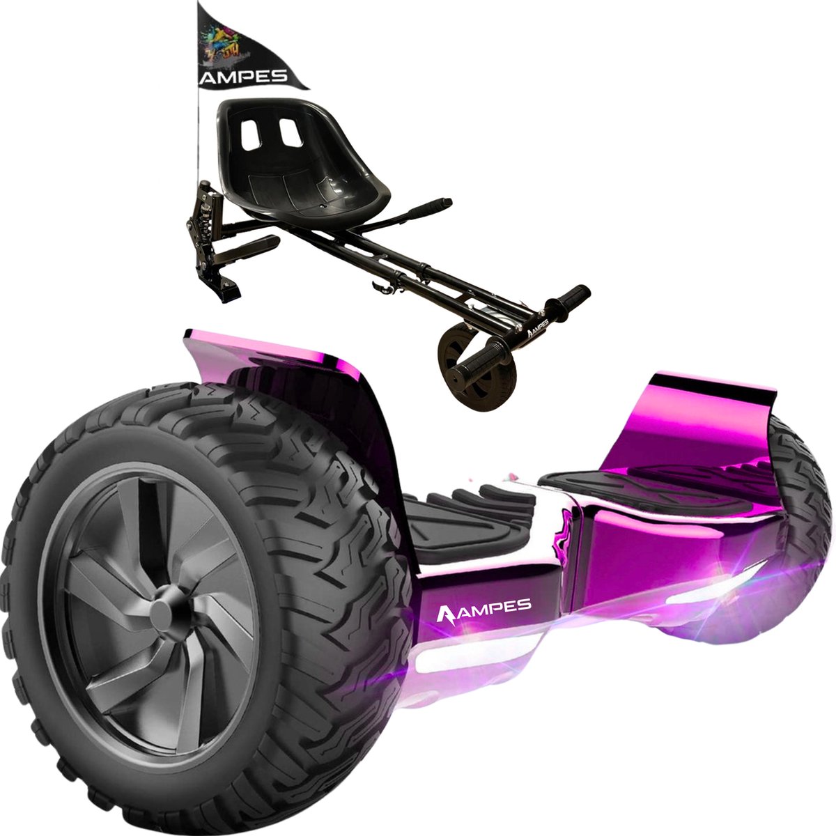 Ampes Hoverboard - Off Road Hoverboard - Bluetooth Speaker - 36V 4.0 Ah Accu - Oxboard - 15 km/h - UL2272 Gecertificeerd - LED Verlichting - Anti lek banden - Belastbaar tot 120KG - 8.5 Inch - Inclusief Draagtas - 800W - Roze + Hoverkart Met Vering