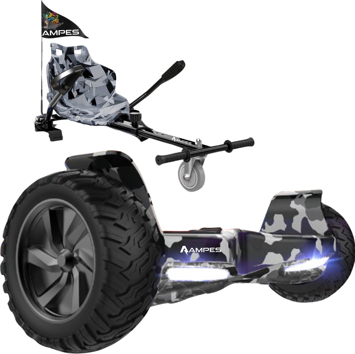 Ampes Off Road Hoverboard - Bluetooth Speaker - 36V 4.0 Ah Accu - Oxboard - 15 km/h - UL2272 Gecertificeerd - LED Verlichting - Anti lek banden - Belastbaar tot 120KG - 8.5 Inch - Inclusief Draagtas - 800W - Camouflage + Hoverkart Camouflage