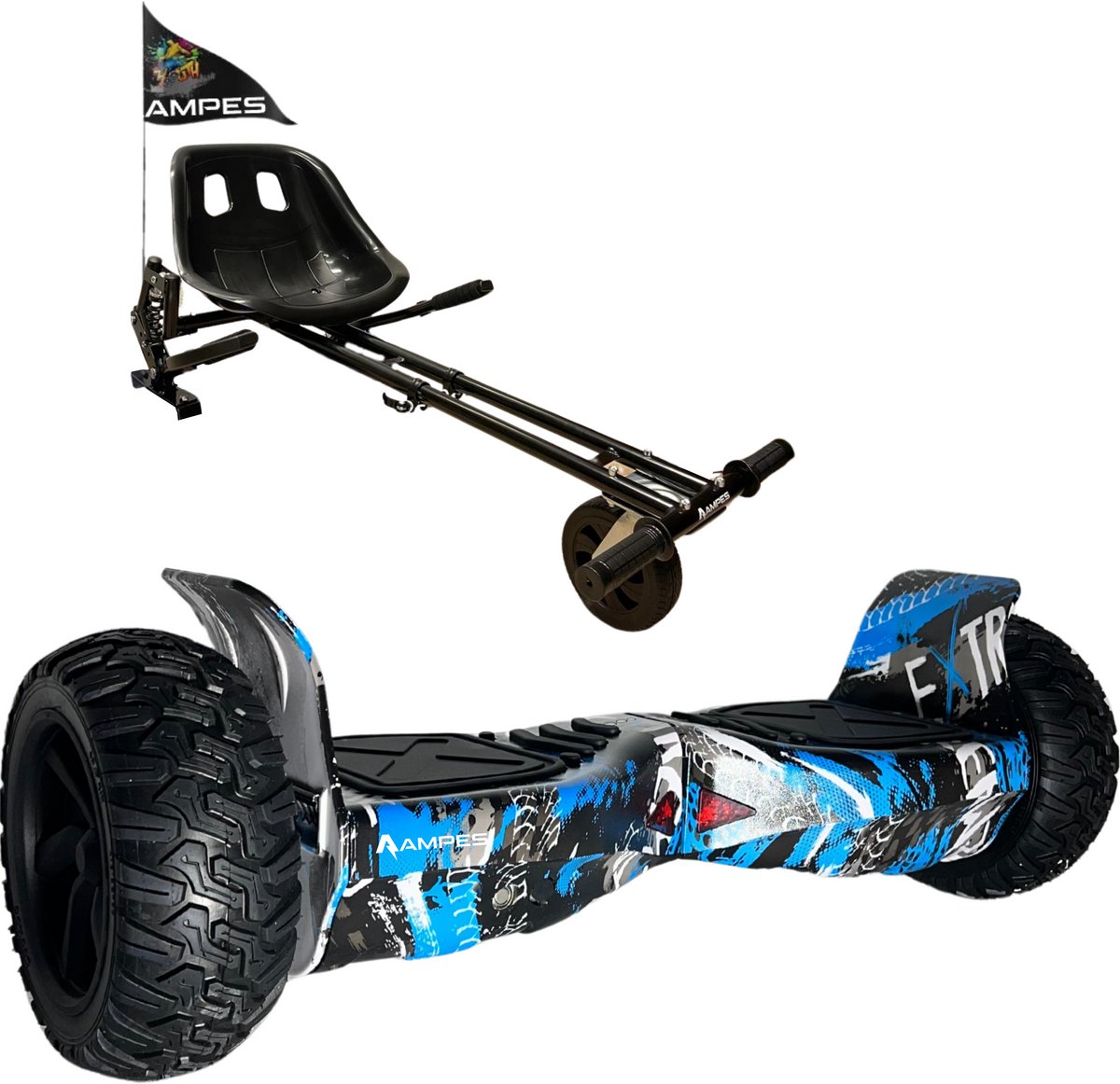 Ampes Off Road Hoverboard - Bluetooth Speaker - 36V 4.0 Ah Accu - Oxboard - 15 km/h - UL2272 Gecertificeerd - LED Verlichting - Anti lek banden - Belastbaar tot 120KG - 8.5 Inch - Inclusief Draagtas - 800W - Graffiti Blauw + Hoverkart Met Vering