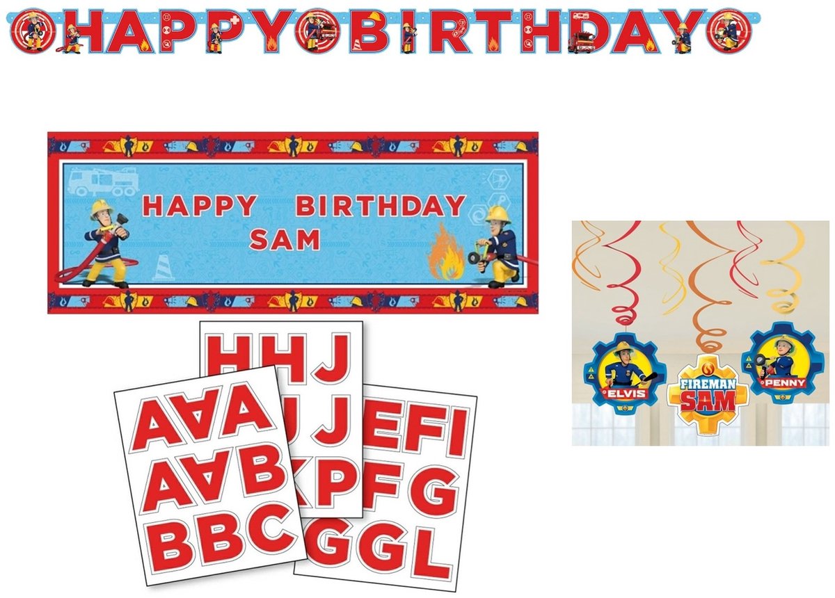 Amscan - Brandweerman Sam - Verjaardag set - Letter slinger - Banner - Plafon swirls - Personaliseer baar.