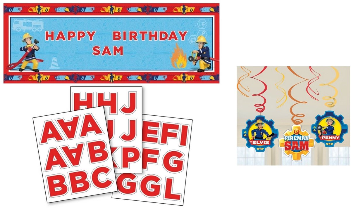 Amscan - Brandweerman Sam - Verjaardag set - Plafons decoratie - Muurbanner - Personaliseer baar.