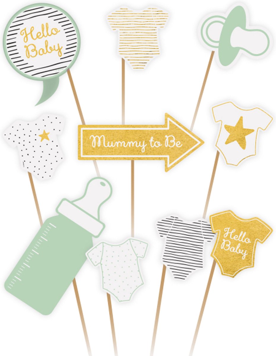 Amscan Babyshower foto prop set - 20x - groen/goud - rompertje/flesje - photo booth accessoires