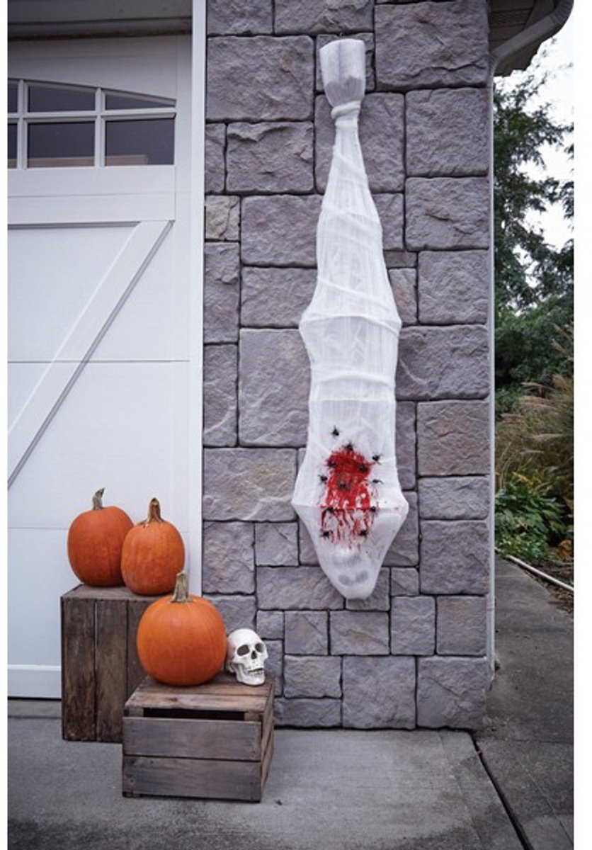 Halloween Hangdecoratie: Besmet Lijk in Spinnenweb (180cm)