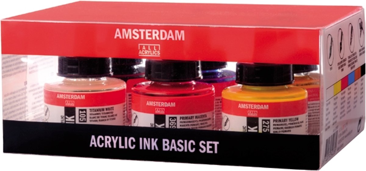 Acrylinkt basic set 6 kleuren 30 ml flacons