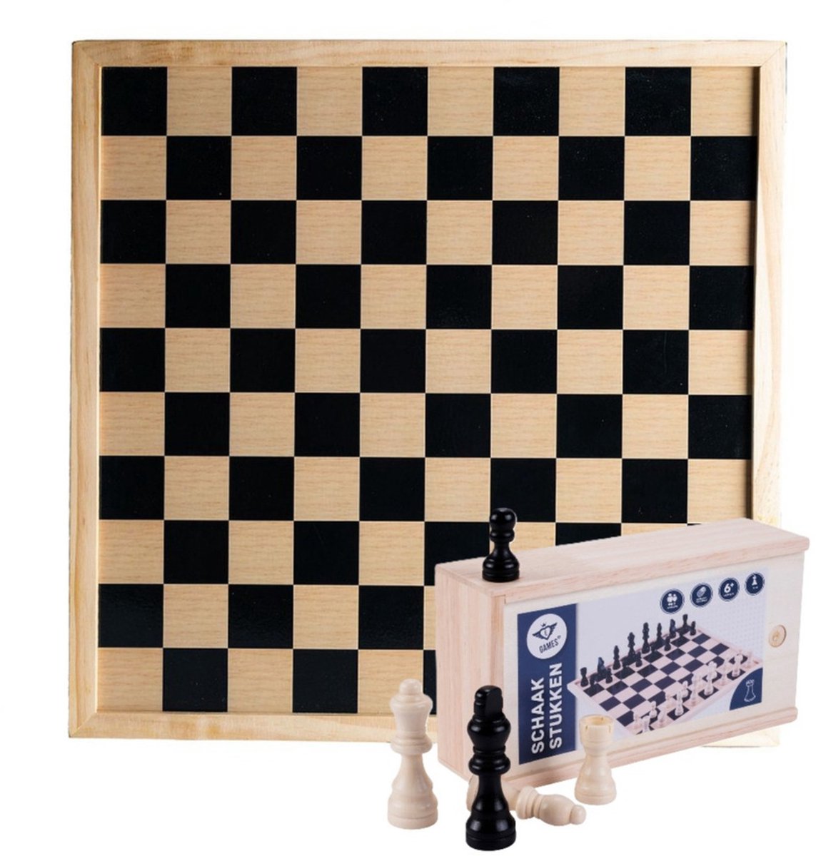 Angel Sports Houten schaakbord/dambord van 40 x 40 cm - met 32x stuks schaakstukken - in opbergkistje - Schaakspellen