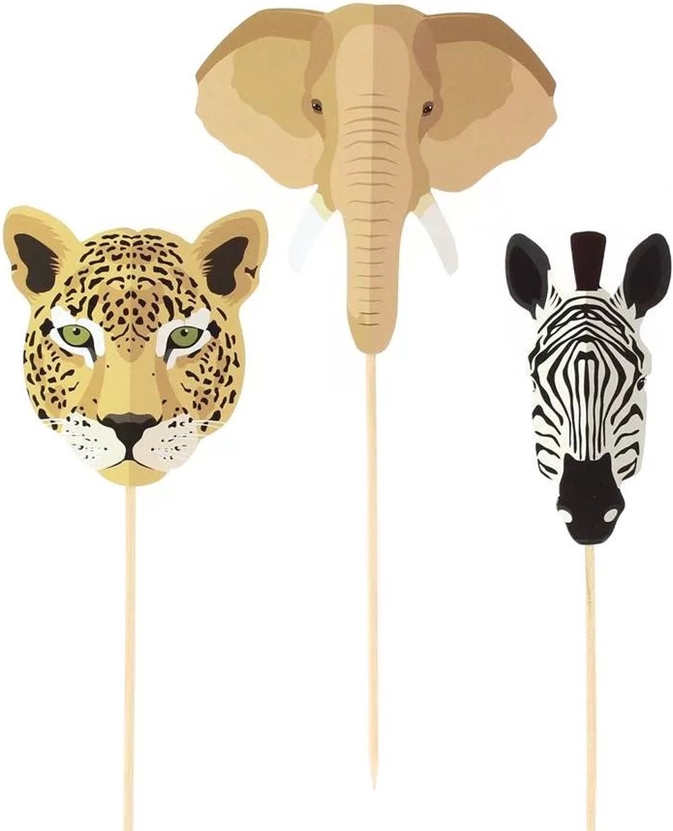 Cake toppers safari - 3 stuks - panter - zebra - olifant - cupcake - kaartversiering - verjaardag