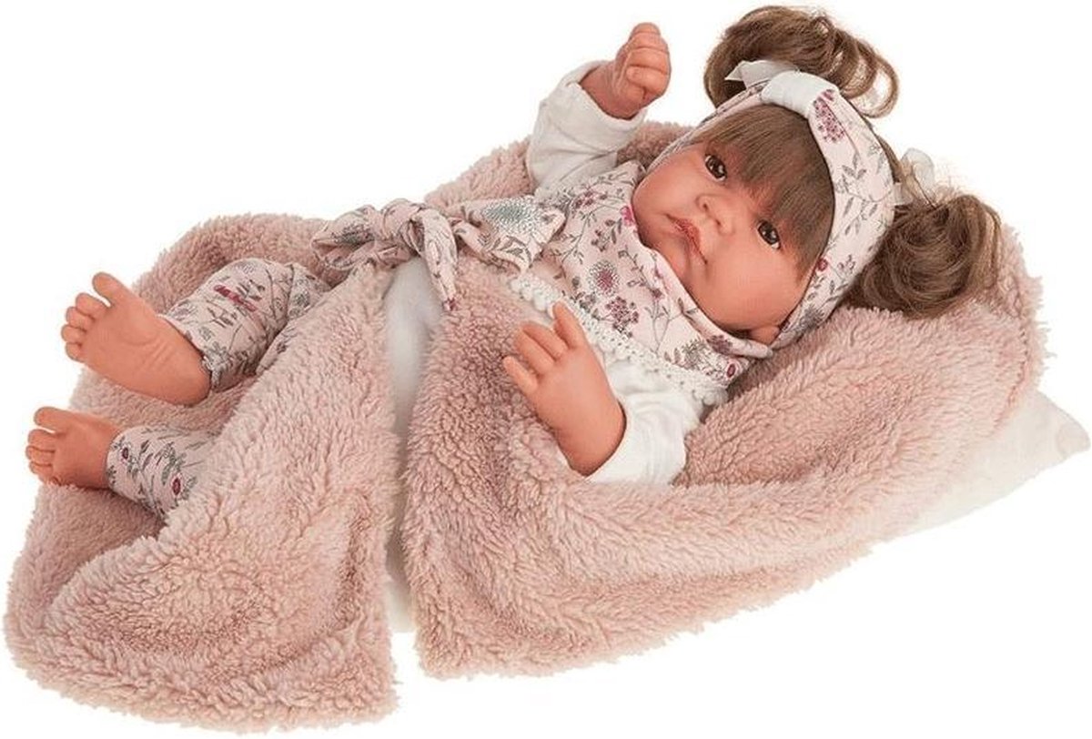 Antonio Juan pop babypop soft body met bruin haar kleding en deken 42 cm