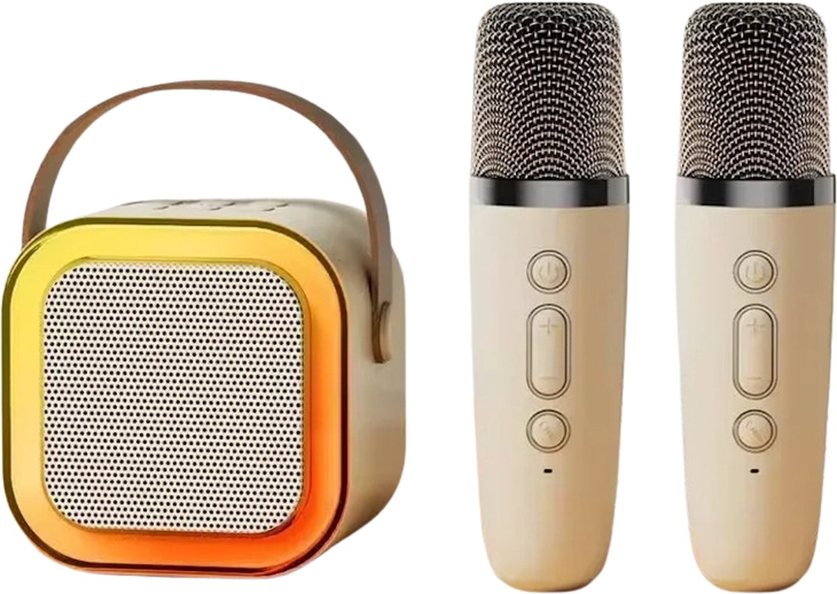   Kleurrijk Speaker & Microfoon Set - Geluidssysteem - 2 Microfoons - Draadloos voor Volwassenen en Kinderen - Bluetooth - Beige