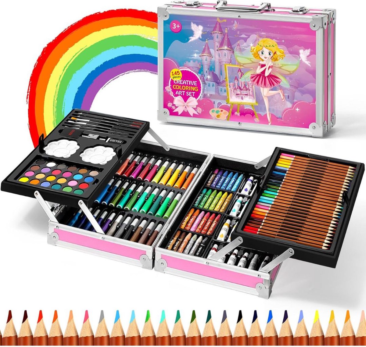 ApexArte® Tekenkoffer Kinderen - Tekendoos - Kleurpotloden - Stiften - Roze