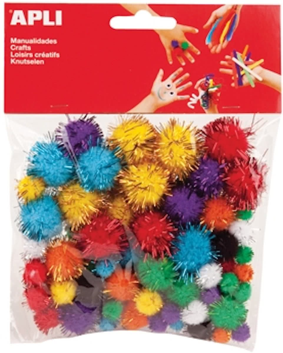 Apli gekleurde glitter pompons, pak van 78 stuks