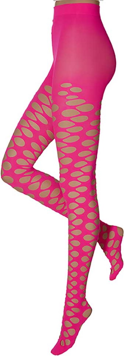 Apollo - Dames visnet panty - Grote gaten - Fluor Rose - Maat S/M - Fishnet panty - Panty dames - Visnet panty carnaval - Pantys - Visnet panty rose