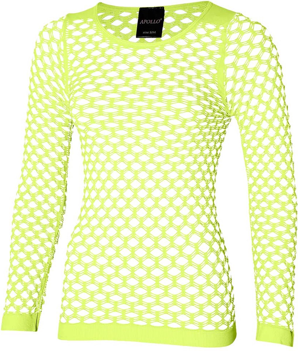 Apollo - Feesttrui doorschijnend met grote gaten - Stretch - Neon geel - Maat S/M - Carnavalskleding dames - Carnaval - Feestkleding