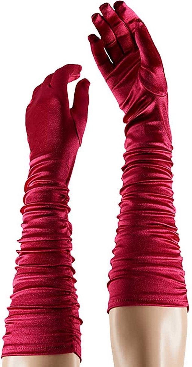 Apollo - Satijnen handschoenen gerimpeld - Fuchsia - One Size - Kanten handschoenen - Bruidshandschoenen - Lange handschoenen - Carnaval