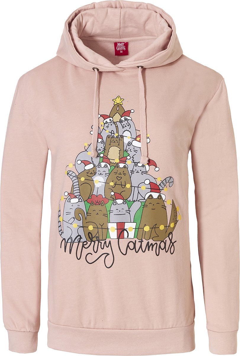 Apollo Dames Kersttrui Met Capuchon Merry Catmas Hoodie Roze - Maat S