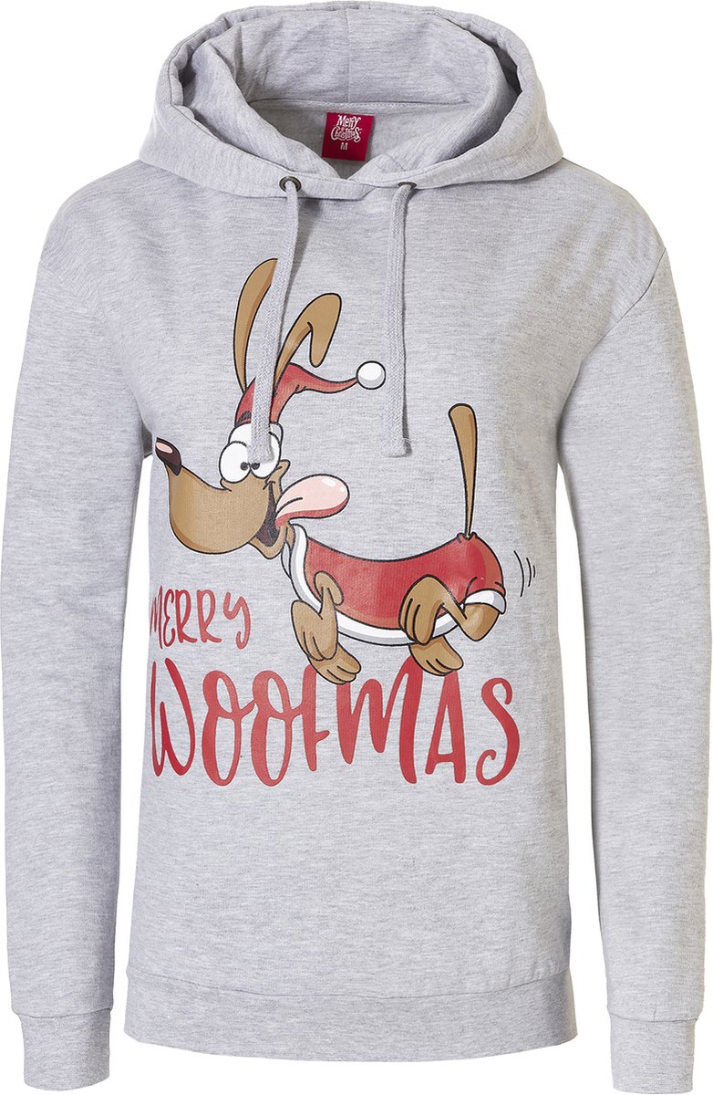 Apollo Dames Kersttrui Met Capuchon Merry Woofmas Hoodie Grijs - Maat L