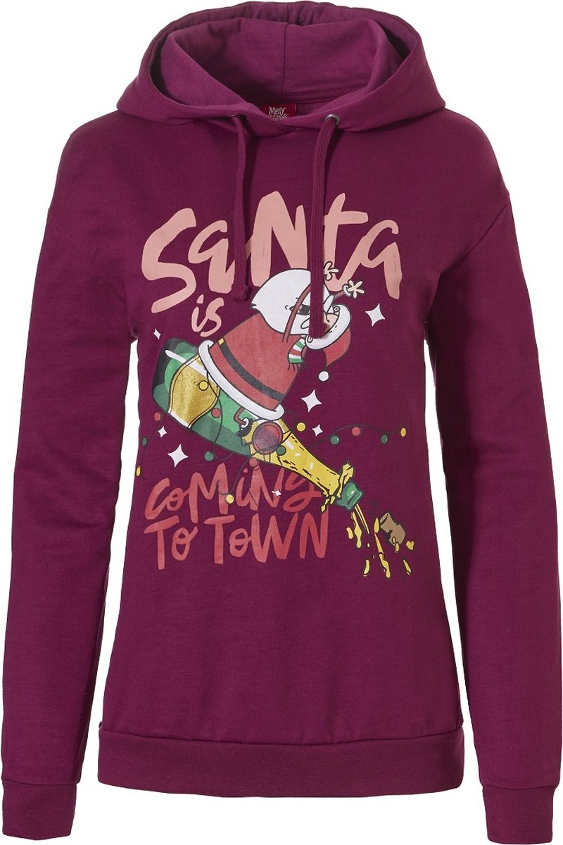Dames Kersttrui Met Capuchon Santa Is Coming To Town Hoodie Kerst Print Paars - Maat XL