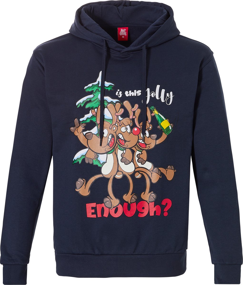 Heren Kersttrui Met Capuchon Kerst Print Blauw - Maat M