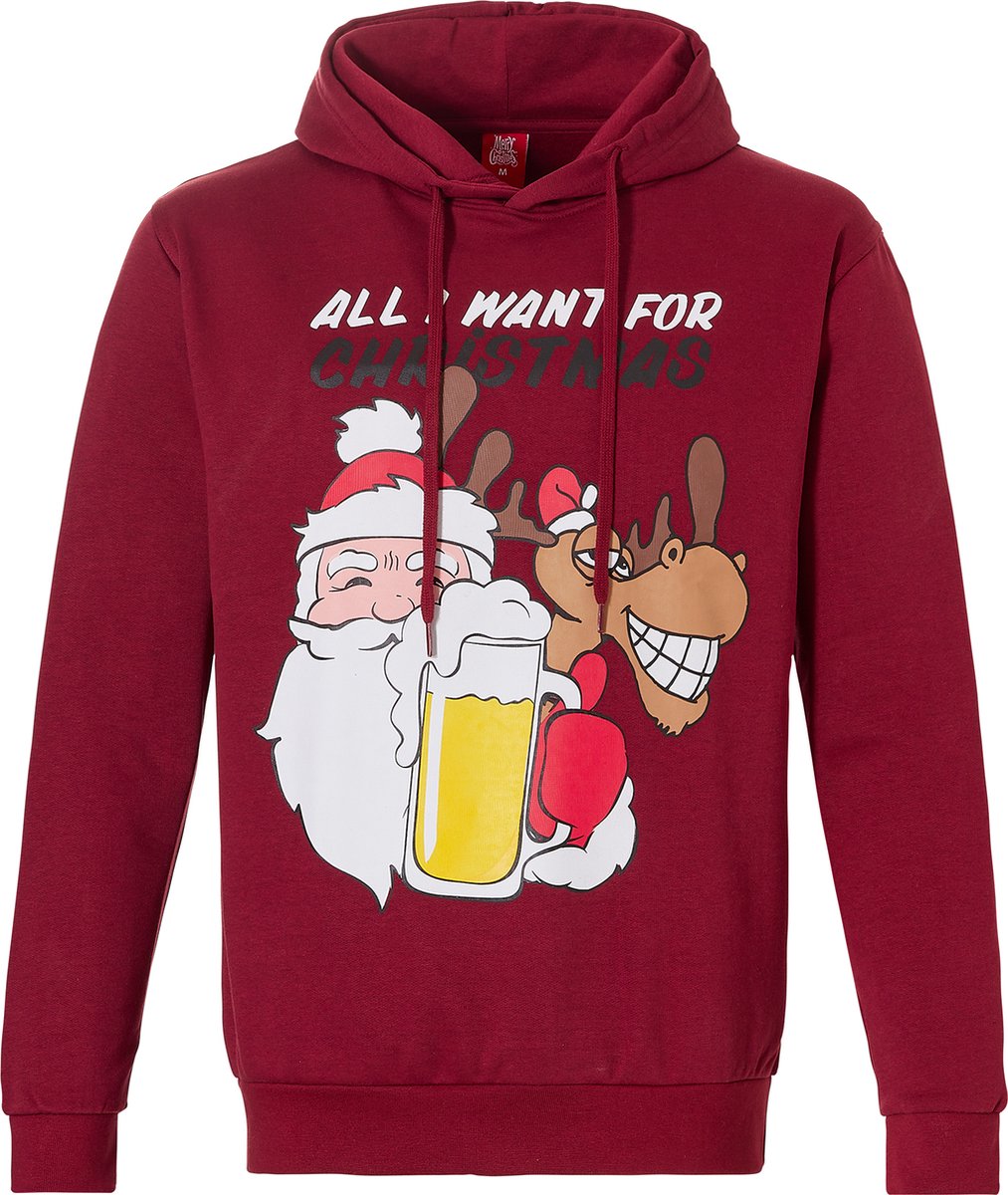 Heren Kersttrui Met Capuchon Kerst Print Rood - Maat XXL