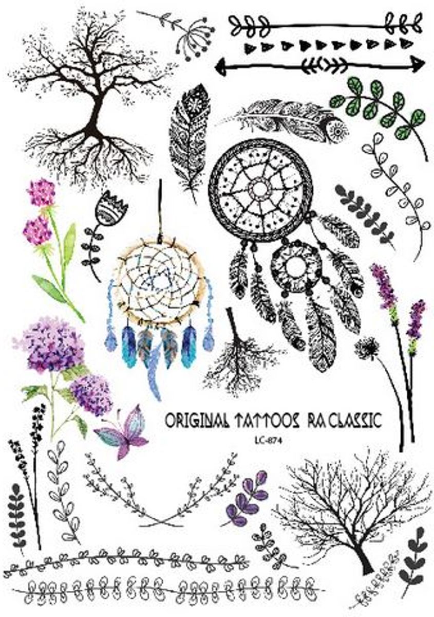 Plak Tattoos - Kleurrijke Metallic Tattoo - Body Choker - Tijdelijke Tatoeage - Festival Tatoes - Zomer feest tatoeages - Tattoo - 1 vel Dromenvanger