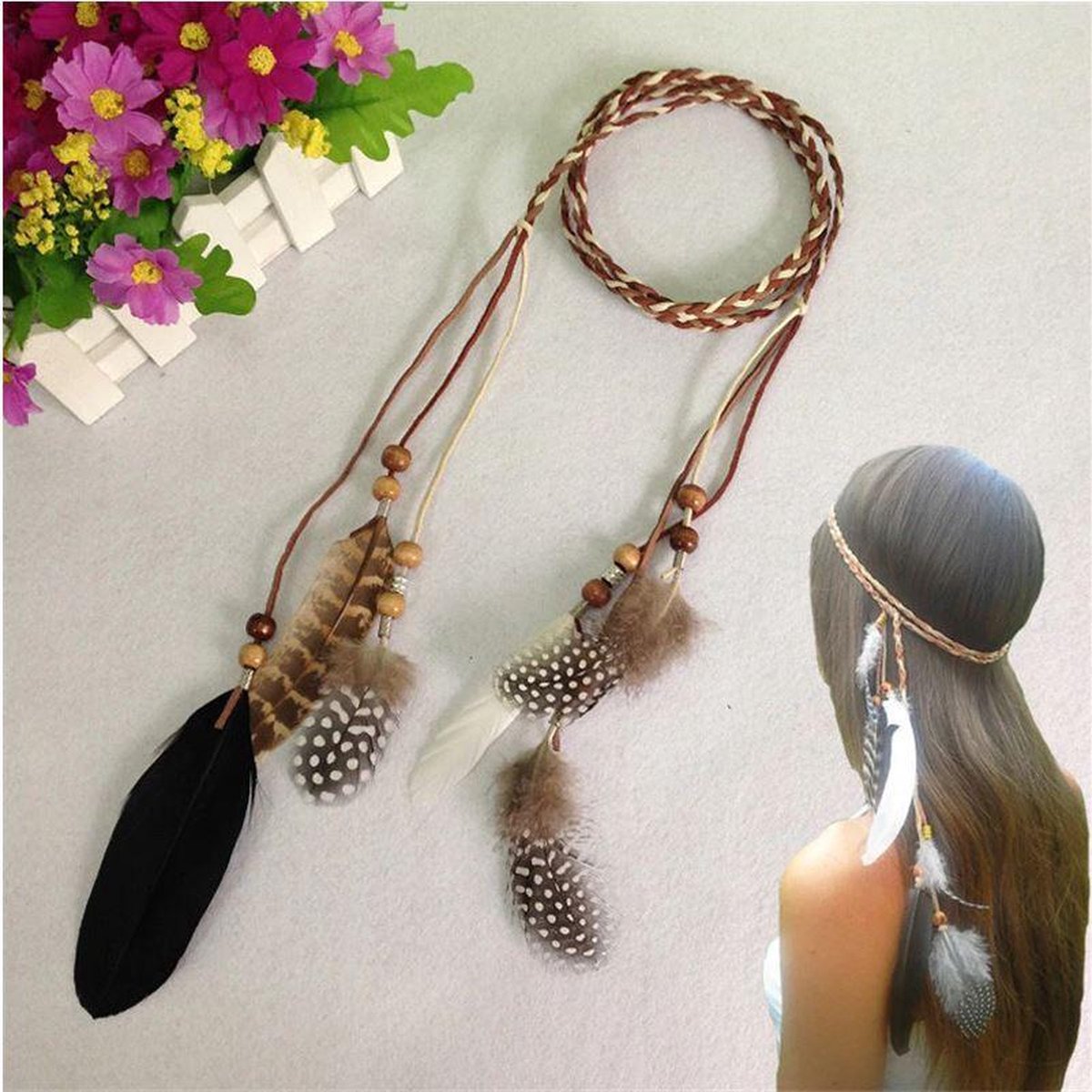 Festival Veren Haarband - Ibicenca / Indianen hoofdband - Donkere Hippie band - 1 stuks