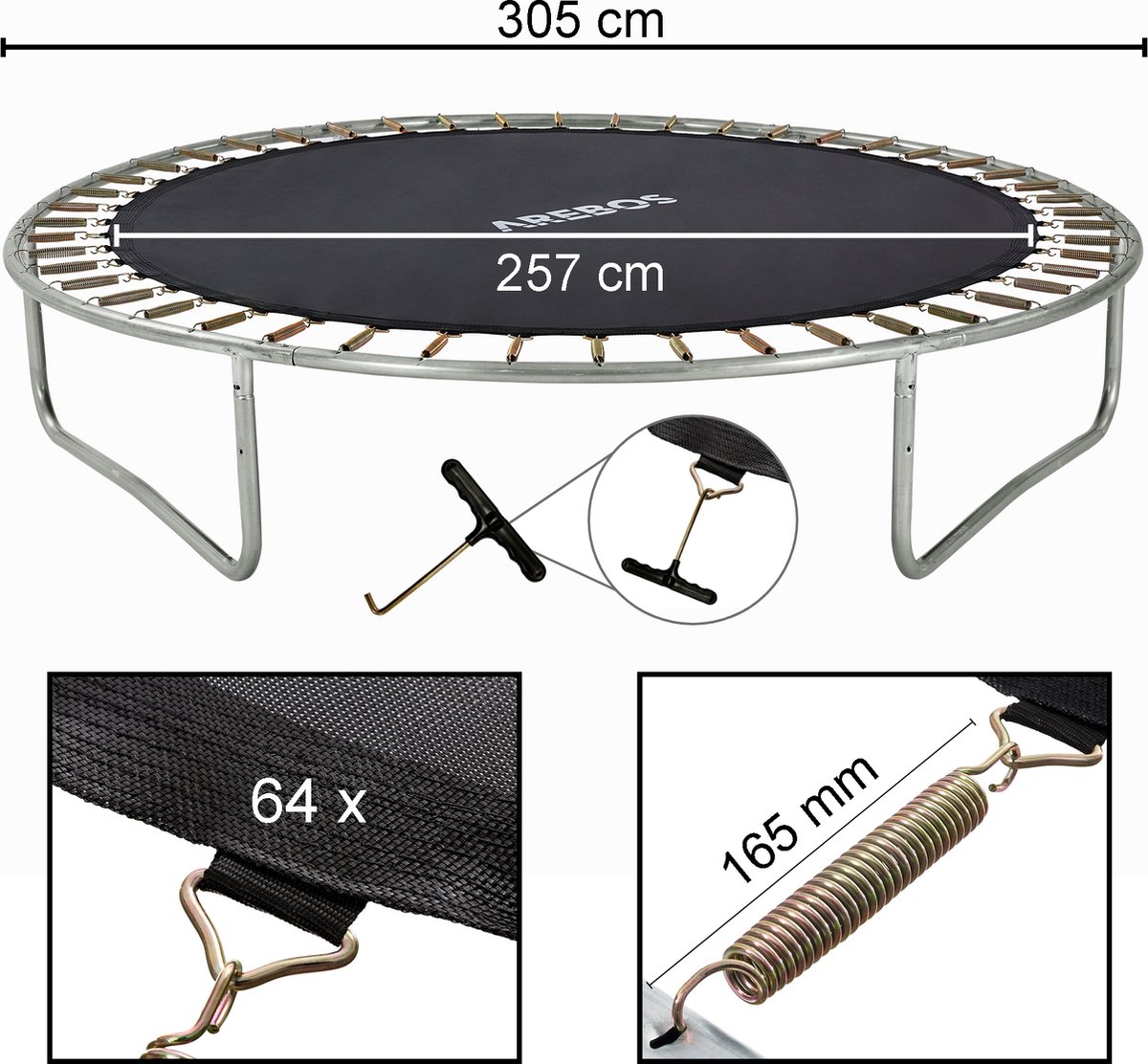 AREBOS - Trampoline Springmat - 257 cm - 64 Ogen - 165 mm Veren - voor Trampolines met Ø 305 cm