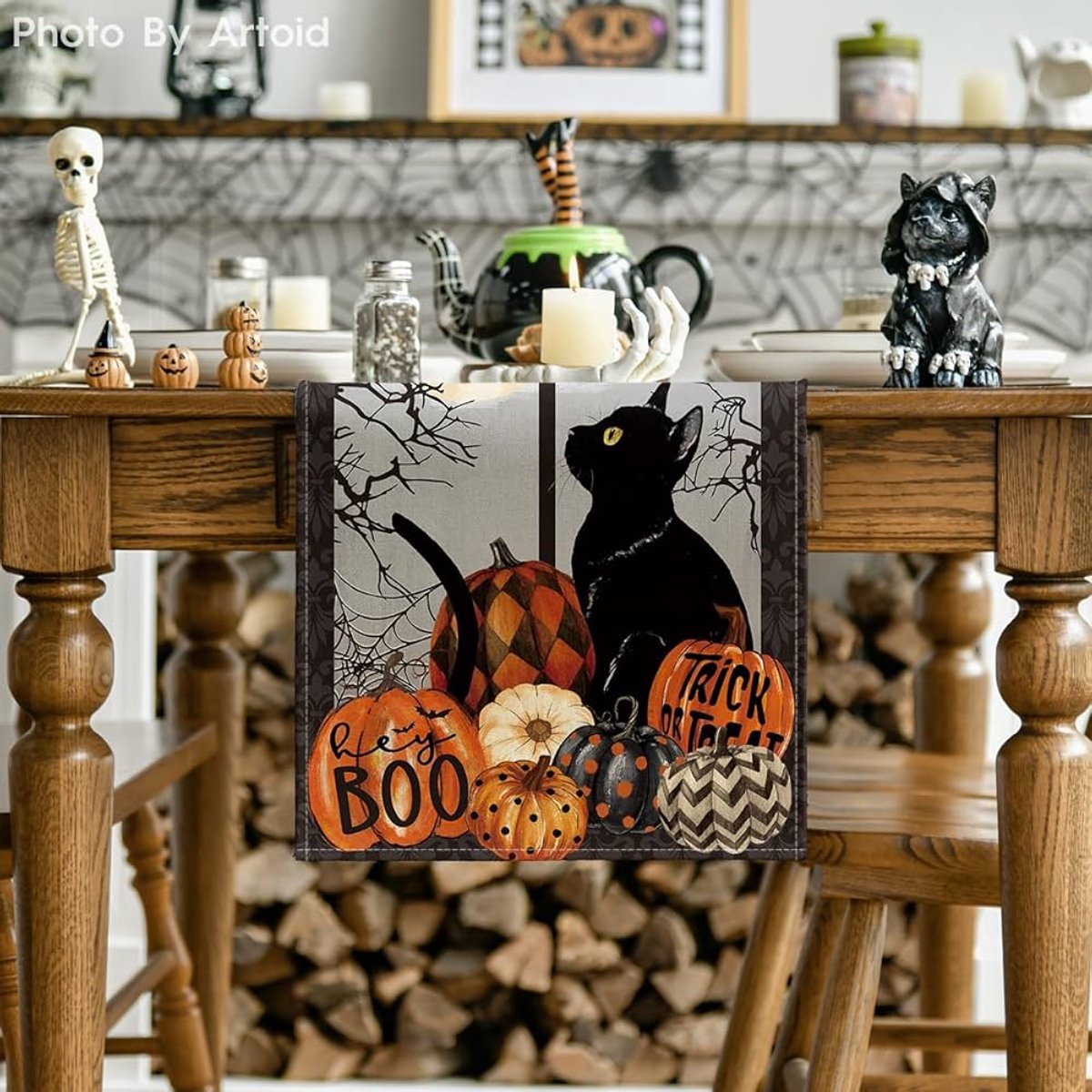 Tafelloper met pompoenen en kat - Halloween decoratie - 1 stuk - zwart - 40 x 100 cm