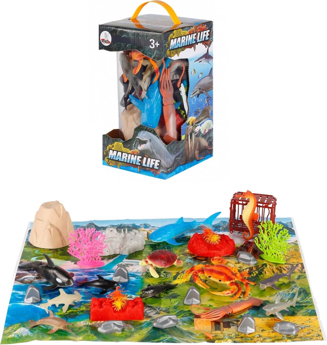 Ariko Buis met 30 zeedier figuren. Geweldig voor kinderen die geïnteresseerd zijn in dieren in het wild en de oceaan. Haaien, schildpadden, walvissen en meer. Inclusief speelkleed