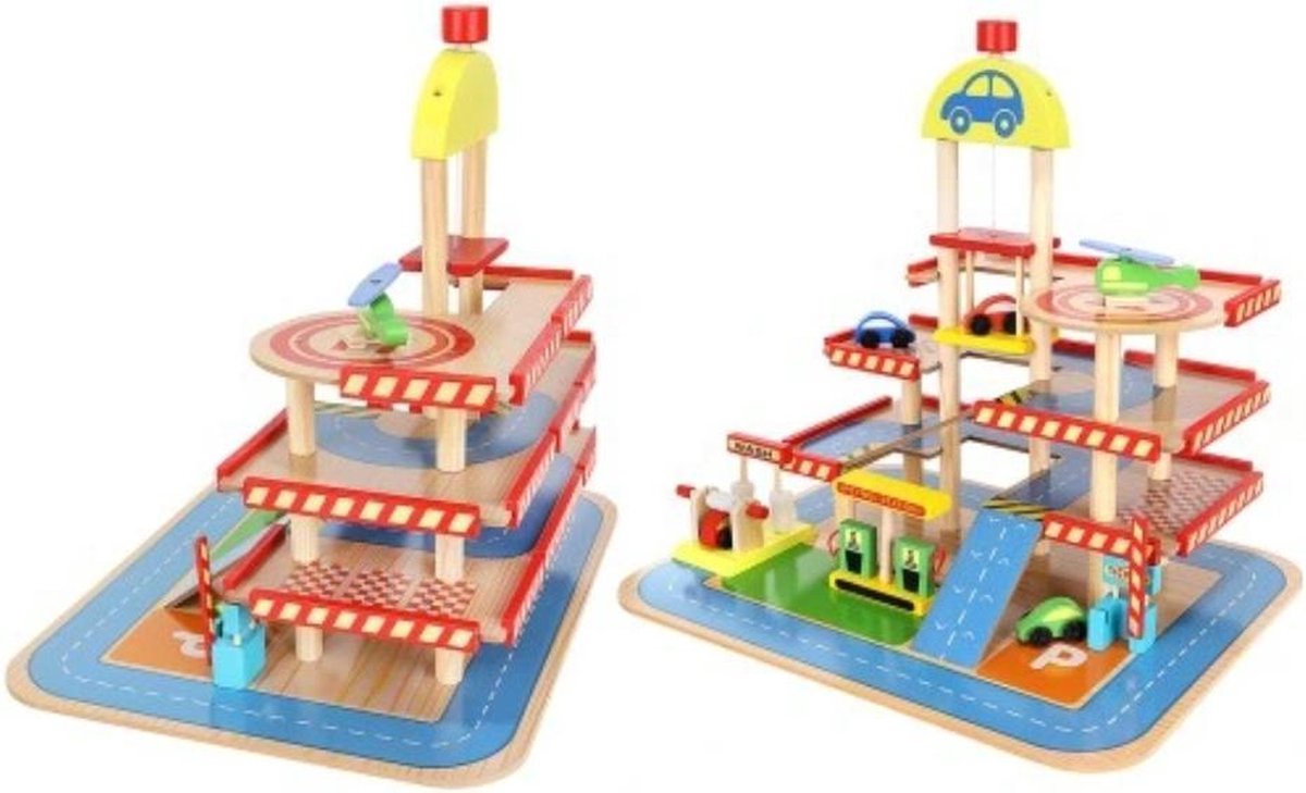    Grote  Houten Parkeergarage - Speelgoedgarage - Auto speelgoed -   speelgoed - Houten Parkeergarage met Autowasstraat - 4 Verdiepingen - Duurzaam