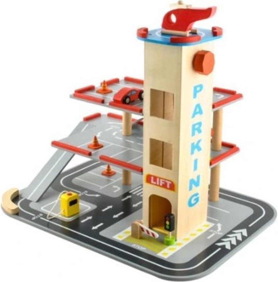   Mega   - Houten Parkeergarage - Speelgoedgarage - Cars Parking   - Houten Speelgoed - Auto Speelgoed -   met Helikopter, Verkeerslichten, Benzinestation en lift
