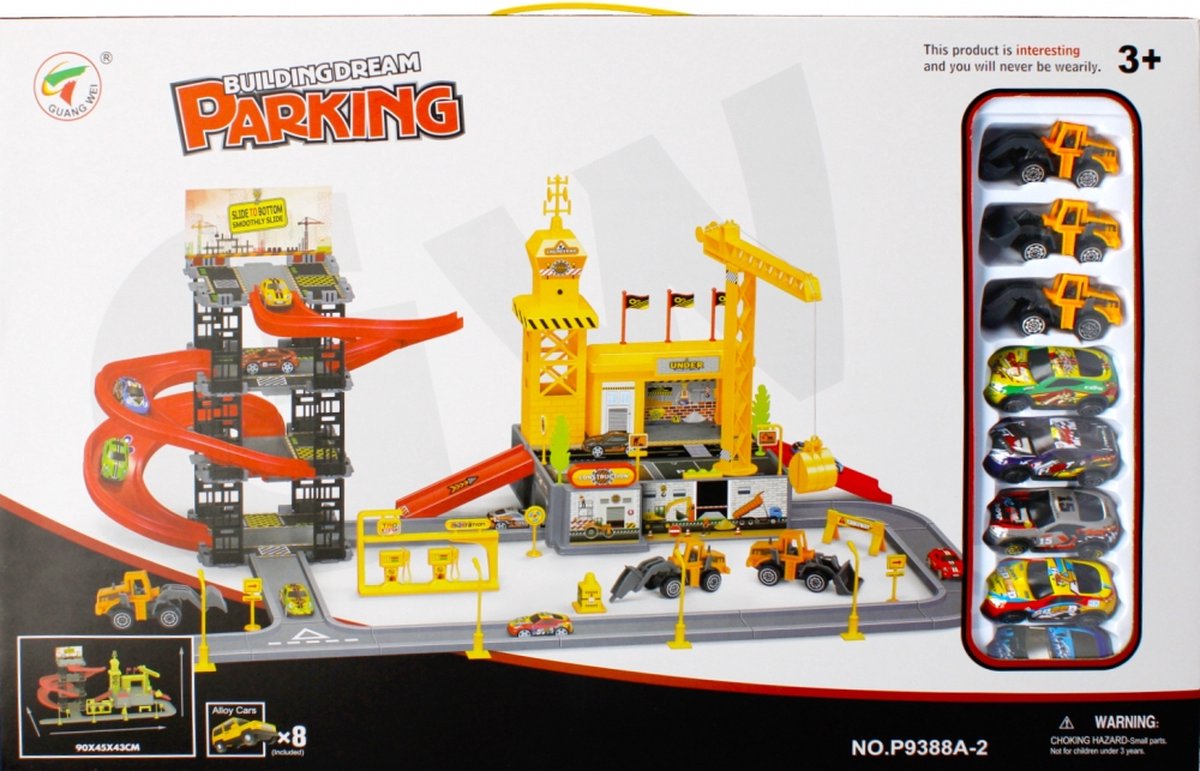 Ariko Parkeergarage met constructie gebouw - met werkende kraan, 5 autos, 3 bulldozers, diverse  verkeersattributen - met licht & geluid - inclusief  3 x Philips AA batterijen