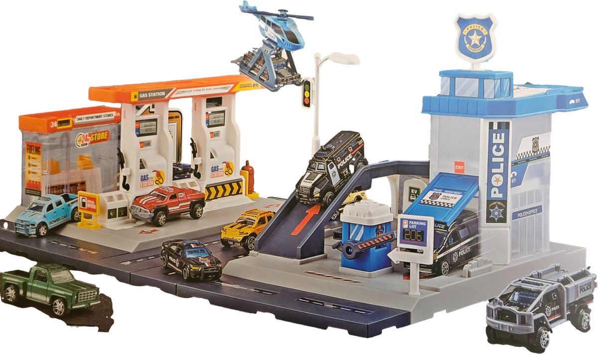   Politie Street Convoy   en Tankstation - 54 Pcs - 2 Autos - Helikopter - Zelf in elkaar zetten